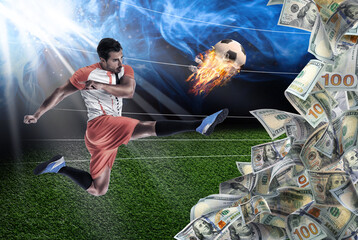 Win on sports betting, online bookmaker service. Football player with burning soccer ball on stadium. Many dollars on foreground
