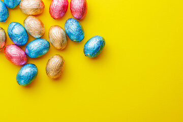 Easter chocolate eggs wrapped in aluminium foil on yellow background. Top view.