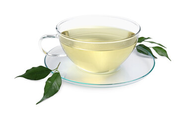 Refreshing green tea in cup and leaves isolated on white