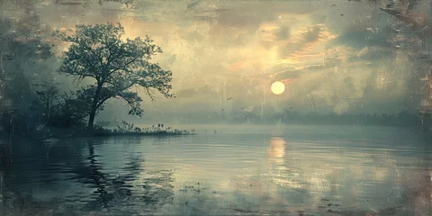 Zelfklevend Fotobehang Morning Mist Memoirs - Misty Morning Setting - Ethereal Essence - Misty Sunrise Light - Blanket of Mist © SurfacePatterns