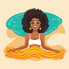 African American woman relaxing beach towel sunglasses. Cheerful lady enjoys summer, sea background. Beach vacation sunbathing vector illustration