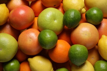 Different fresh citrus fruits as background, top view