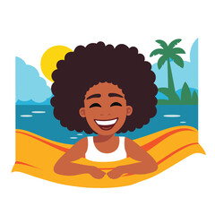 AfricanAmerican girl swimsuit, smiling, beach sun palms. Summer joy vacation concept vector illustration