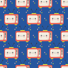 Seamless pattern with a cute TVs on a blue background with stars. Vector illustration in flat style.
