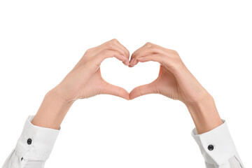 Woman showing heart gesture with hands on white background, closeup
