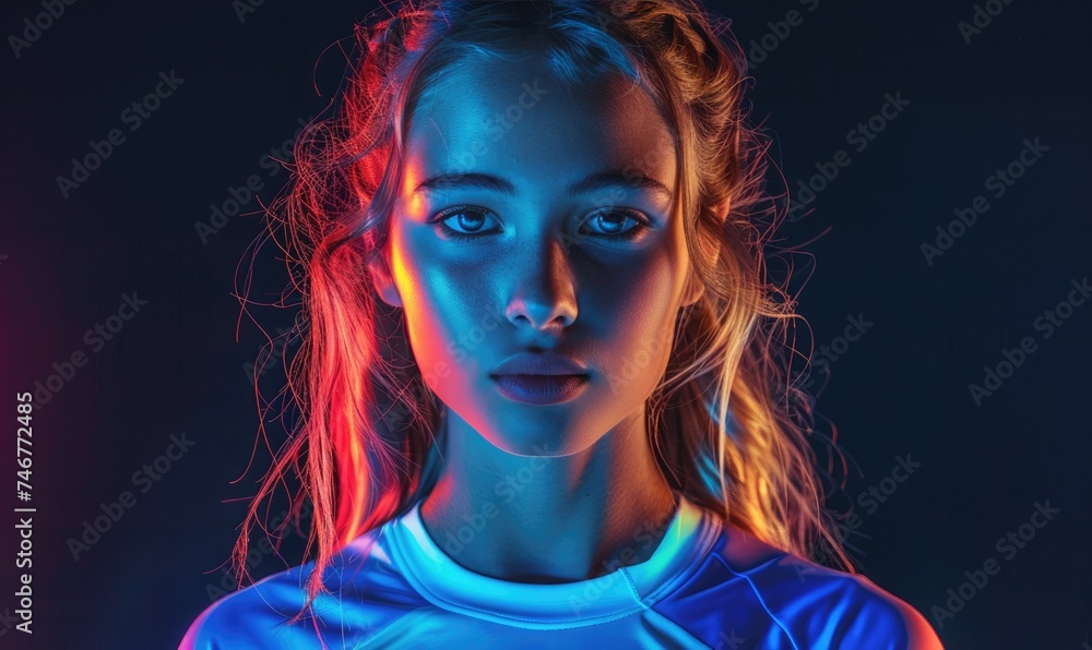 Wall mural A sporty woman wearing sport uniform is posing over black background, neon lighting