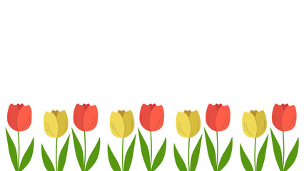 Beautiful spring background with tulips blooming. Template with copy space. Vector illustration isolated