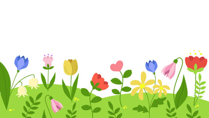 Beautiful spring background with flowers blooming. Garden on the field. Template with copy space. Vector illustration isolated