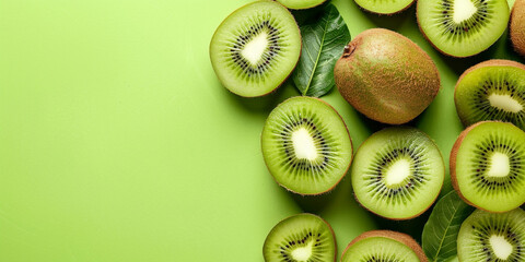 Green background decorated with fresh kiwis with space for text