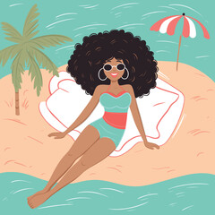 African American woman relaxing beach, wearing sunglasses swimsuit. Summer vacation beach leisure vector illustration