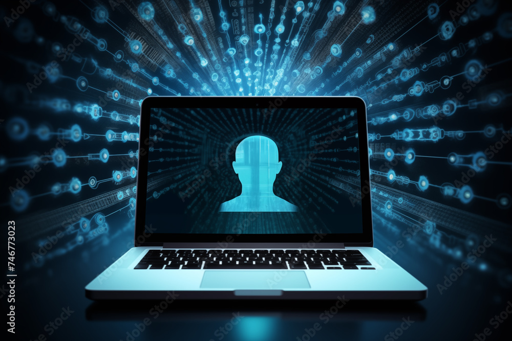 Poster laptop with human head icon over binary code background. online privacy concept