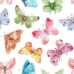 Colorful butterflies watercolor seamless pattern, digital paper. Moths, insects. Multi-colored butterflies. Spring, summer print. White background. For printing on textiles, fabrics, wrapping paper