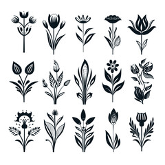 Botanische Blumensilhouetten schwarz-weiß vektor - obrazy, fototapety, plakaty
