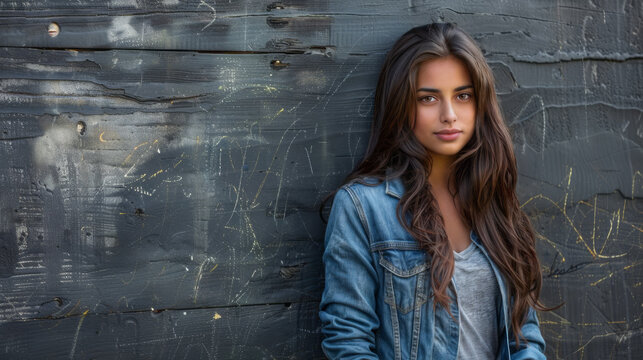 Outdoor portrait of a beautiful female model with long brown hair and wearing a blue denim jacket. She has a slight smile.