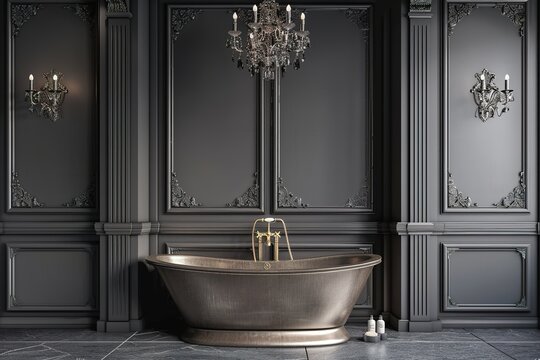 Elegant vintage inspired gray bathroom with ornate wall moldings, Classic luxury chic grey bathroom with moldings on the wall, Classic gray bathroom interior design.