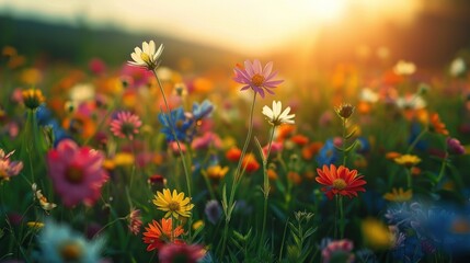 A peaceful meadow filled with colorful wildflowers - obrazy, fototapety, plakaty