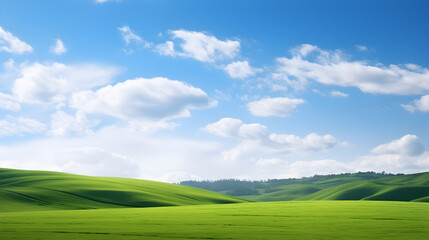 green field and sky Idyllic Rolling Green Hills Under a Clear Blue,
A Photo of a hyper detailed shot of a serene countryside meadow with rolling green hills