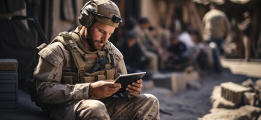 A soldier uses an tablet in a foreign country - obrazy, fototapety, plakaty