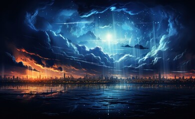 a storm cloud is seen over the city, in the style of water and land fusion, swirling vortexes, global imagery, futuristic chromatic waves
