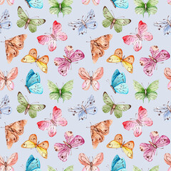 Tender butterflies watercolor seamless pattern, digital paper. Moths, insects. Multi-colored butterflies. Spring, summer. Feminine print. Blue background. For printing on textiles, fabrics, papers