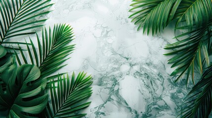 Abstract empty minimalistic white marble background with palm leaves on the left