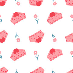 Seamless pattern with woman underwear with blood and flowers. Cute hand drawn wallpaper with female period concept, menstruation