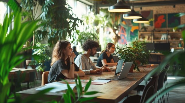 A modern co-working space bustling with professionals working on laptops surrounded by green indoor plants and natural light. AIG41