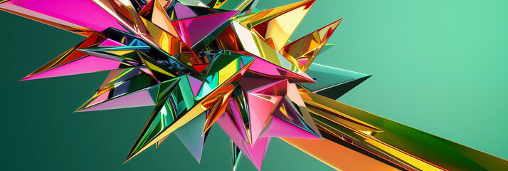 A vividly colorful geometric shape bursts with a diverse palette of hues, sharp edges and interlocking facets on a green backdrop. The abstract form conveys a sense of dynamic movement and complexity.