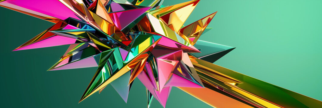A vividly colorful geometric shape bursts with a diverse palette of hues, sharp edges and interlocking facets on a green backdrop. The abstract form conveys a sense of dynamic movement and complexity.