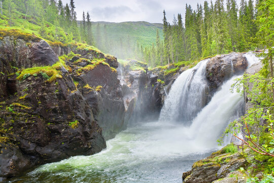 Rjukandefossen waterfall in the vicinity of the village Tuv in the municipality of Hemsedal in Viken county, Norway