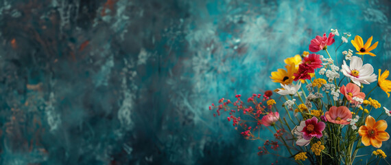 A vibrant bouquet of spring flowers, minimalist vivid background