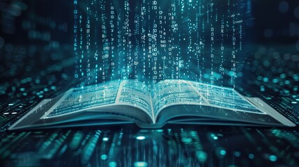Open book education with abstract binary software programming code background
