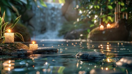 Stacked stones and burning candle with bamboo stem on water. spa and wellness concept.
