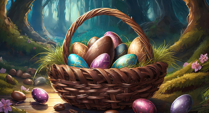 Wonderful High angle of colorful easter eggs in basket with bunny