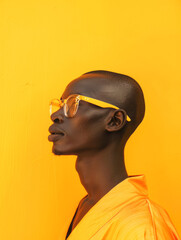 Orange contrast portrait of a striking man with a dark skin color, an African-American man on a bright orange background. Alternative hippie man with eccentric sunglasses.