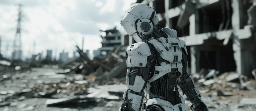 Future apocalypse of military robot in destroyed city make ruin risk buildings. AI generated image