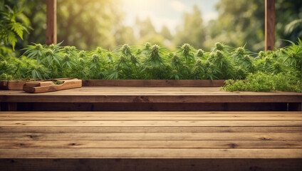 empty wooden table with cannabis garden background