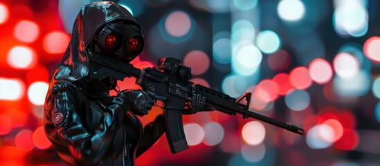 Futuristic cyberpunk soldier woman in jacket and helmet holds a gun on night light. AI generated