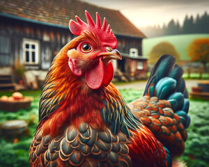 Charming chicken portrait in a farm setting, showcasing vibrant plumage and lively spirit against a barn and countryside backdrop. 