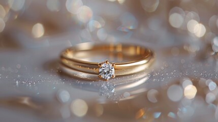 Gold jewelry. Gold jewelry. Product shoot, macro shot, gold wedding ring with diamond on shiny surface. Wedding. Love. Luxury. 