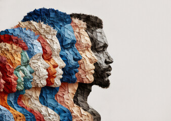 Black history month, diversity concept, group of men and women various ethnic groups , isolated background, illustration with crumpled paper