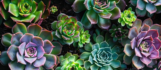 A detailed view of multiple Sempervivum charadzeae succulents clustered together, showcasing their unique rosette shapes and vibrant colors. - Powered by Adobe
