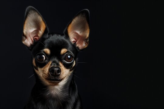 Black Chihuahua with big ears on a black background
