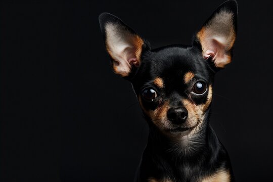 Black Chihuahua with big ears on a black background
