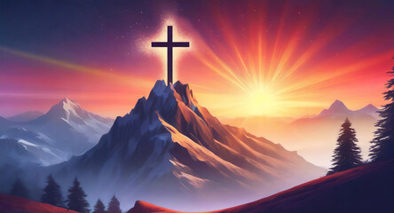 Wonderful Mountain cross silhouette against majestic sunset sky - obrazy, fototapety, plakaty