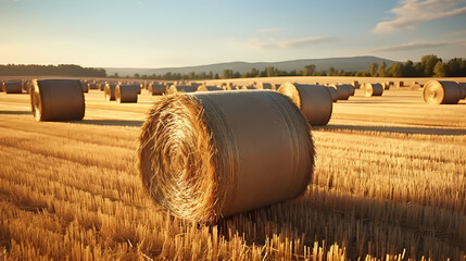 Golden hay bales in rural field with blue sky