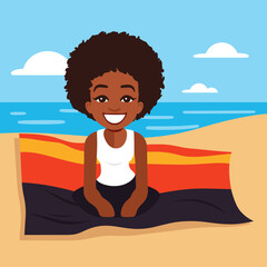 Young African American woman sitting beach towel sea. Smiling girl enjoying summer vacation beach vector illustration. Summer vibes relaxation, holiday, sunbathing, cheerful mood