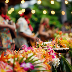 Tropical Luau Celebration with Vibrant Flowers and Festive Atmosphere - obrazy, fototapety, plakaty
