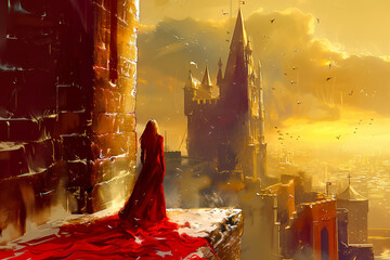 Kobieta w czerwonej sukni, w oddali średniowieczny zamek - obrazy, fototapety, plakaty