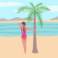 girl on the beach, woman holds onto a palm tree, looks out to the sea. Vector Illustration for backgrounds and packaging. Image can be used for card, poster and sticker. Isolated on white background.